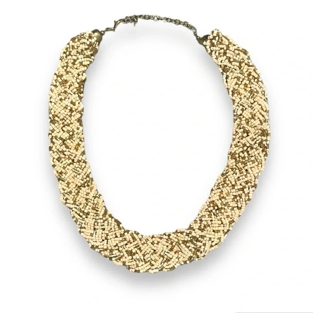 Vintage Chunky Braided Seed Bead Necklace w/ Chain Clasp - Retro Jewelry